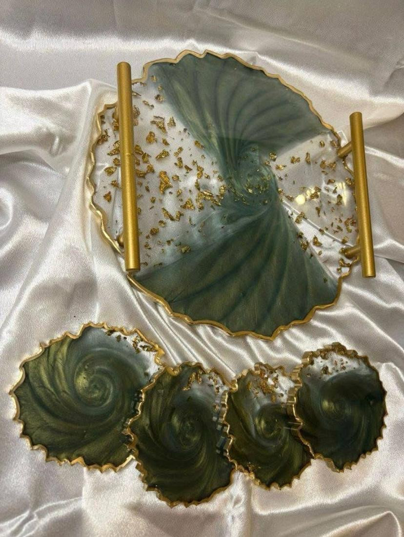 Tray with Gold Handles & Matching Coasters Option,  Versatile Accent Resin Agate Decor, Perfume Platter for Vanity, Entryway Catchall